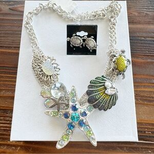 Beach Blue Crystal Star Fish Sealife Coastal Turtle Necklace and Earring Set